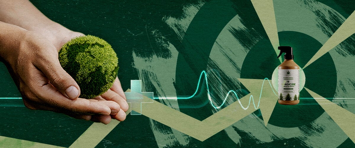 Sustainable Plant Protection: The Benefits of Targeted Cannabis-Based Fungicides Hands nurturing a healthy green sphere beside organic fungicide, representing targeted, sustainable plant protection with cannabis extracts.