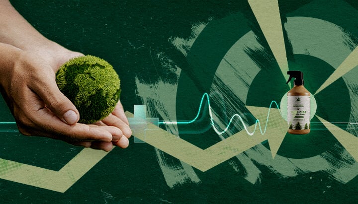 Sustainable Plant Protection: The Benefits of Targeted Cannabis-Based Fungicides Hands nurturing a healthy green sphere beside organic fungicide, representing targeted, sustainable plant protection with cannabis extracts.