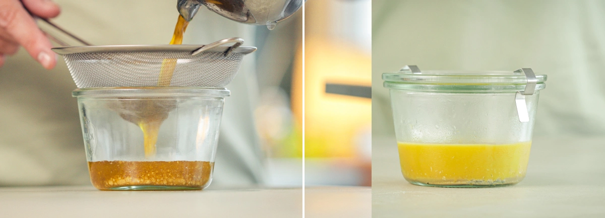 Straining cannabutter into a clean bowl and transferring the clarified butter to a container for refrigeration after removing the plant material