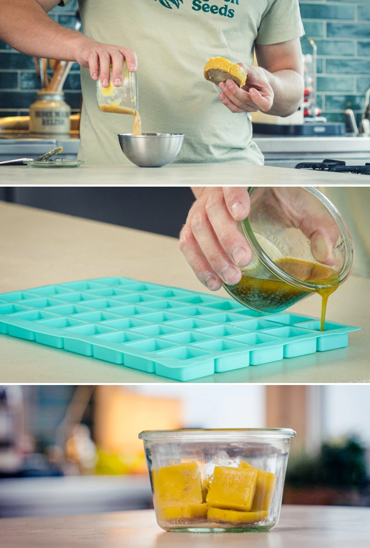 Cannabutter being poured into silicone moulds for portioning, with finished butter cubes stored in a glass container after separating the butter from the water