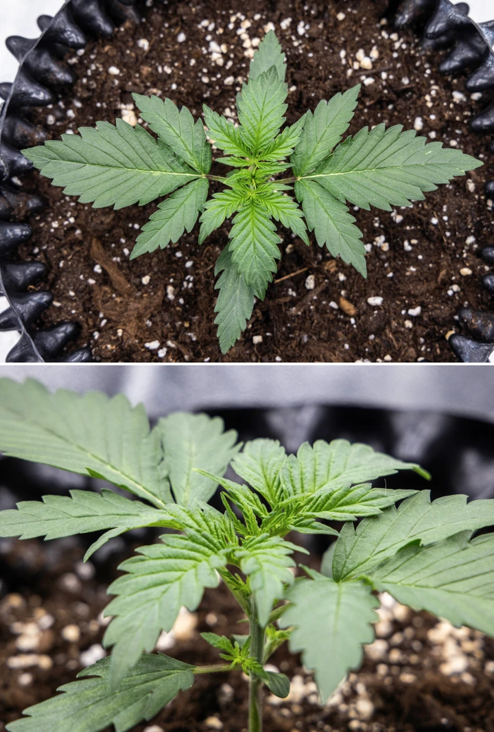 Cosmos F1 cannabis plant during week 1 vegetation, showing compact upright growth, even leaf spacing, and healthy early foliage between sprout days 5 and 12.