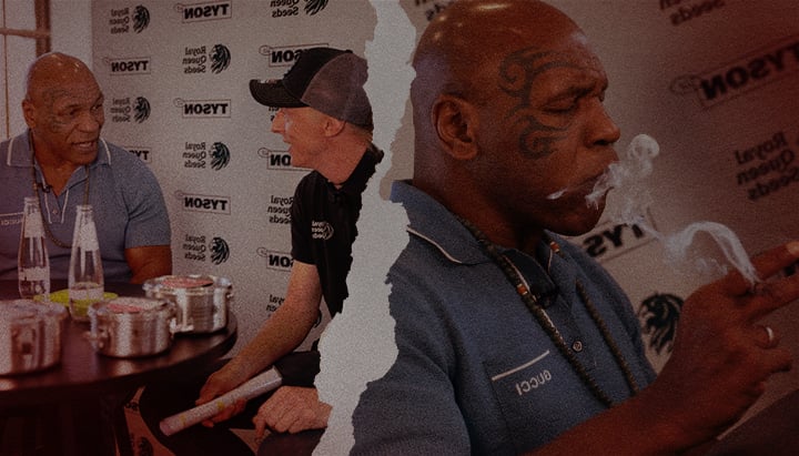Mike Tyson and Royal Queen Seeds Collaboration – Euphoric Cannabis Conversations Mike Tyson talking and smoking with Royal Queen Seeds representative, highlighting their cannabis partnership and lifestyle during a euphoric meeting.