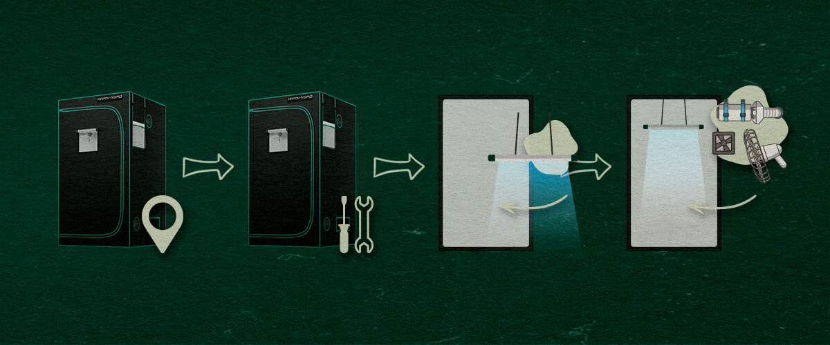 A step-by-step guide illustration for setting up a 4×4 grow tent, showing the tent selection, assembly with tools, installation of grow lights, and addition of a fan and filter, all on a green background with arrows indicating the process.