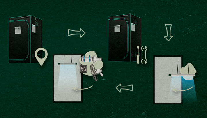 A step-by-step guide illustration for setting up a 4×4 grow tent, showing the tent selection, assembly with tools, installation of grow lights, and addition of a fan and filter, all on a green background with arrows indicating the process.