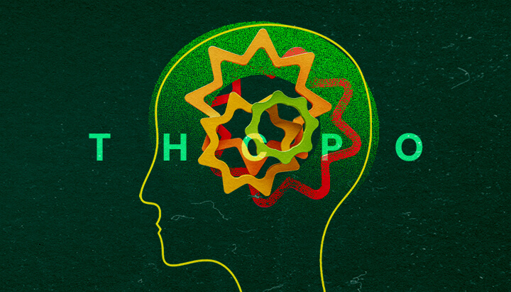 Vibrant illustration of a human head silhouette with colorful interlocking gears and the text 