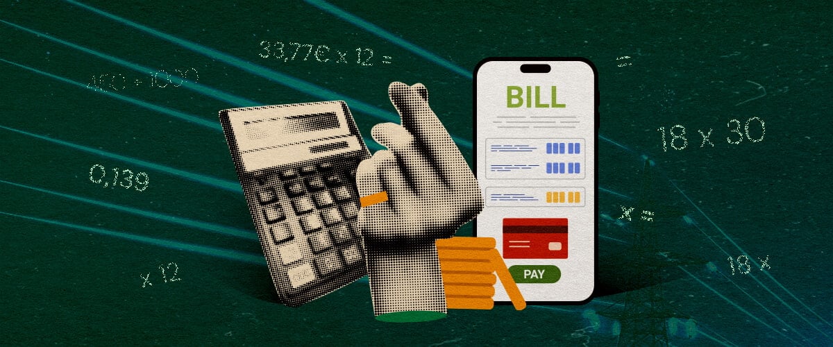 How to Calculate Grow Light Electricity Cost: Bill Image Hand with calculator and smartphone bill, illustrating electricity cost calculation for grow lights on a dark green background, ideal for cannabis growing cost guides.