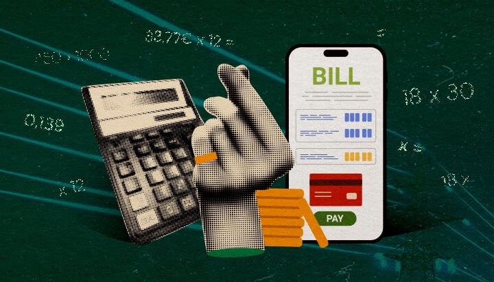 How to Calculate Grow Light Electricity Cost: Bill Image Hand with calculator and smartphone bill, illustrating electricity cost calculation for grow lights on a dark green background, ideal for cannabis growing cost guides.