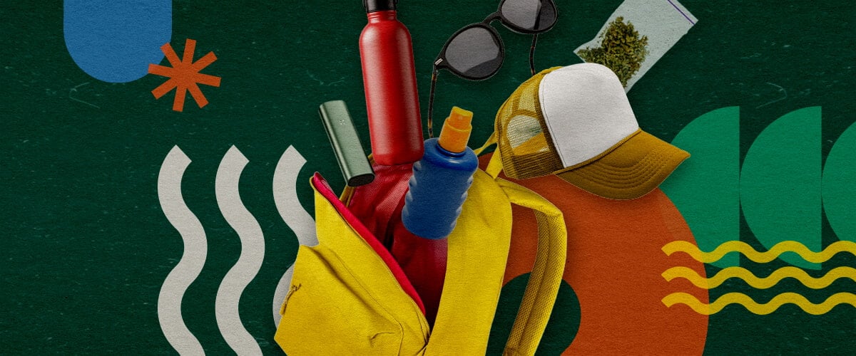Essentials for a Cannabis-Friendly Festival A collection of festival essentials for a cannabis-friendly event, including a yellow backpack, red water bottle, blue sunscreen, sunglasses, a white cap, and a bag of cannabis, arranged on a vibrant green background with colorful geometric shapes.