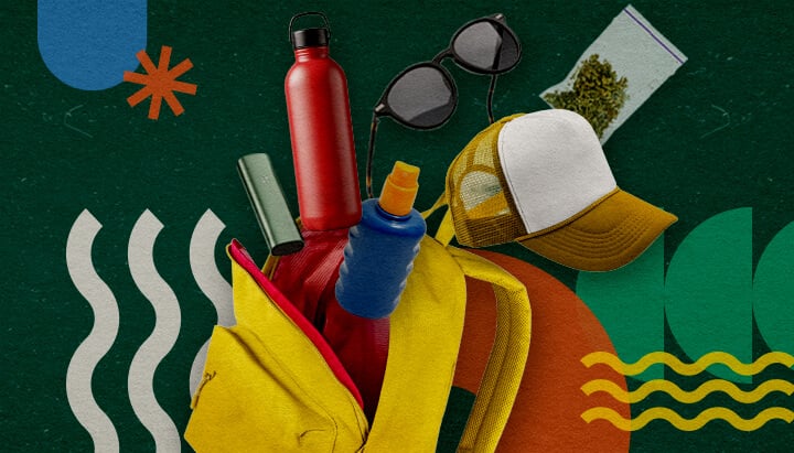 Essentials for a Cannabis-Friendly Festival A collection of festival essentials for a cannabis-friendly event, including a yellow backpack, red water bottle, blue sunscreen, sunglasses, a white cap, and a bag of cannabis, arranged on a vibrant green background with colorful geometric shapes.