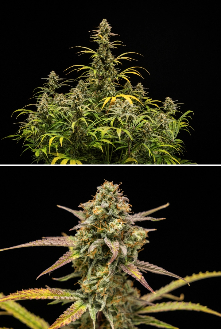 Hyperion F1 cannabis plants at harvest, showing mature resinous colas, frosty trichome coverage, orange pistils, fading yellow and purple leaves, and dense flowering growth against a black background.