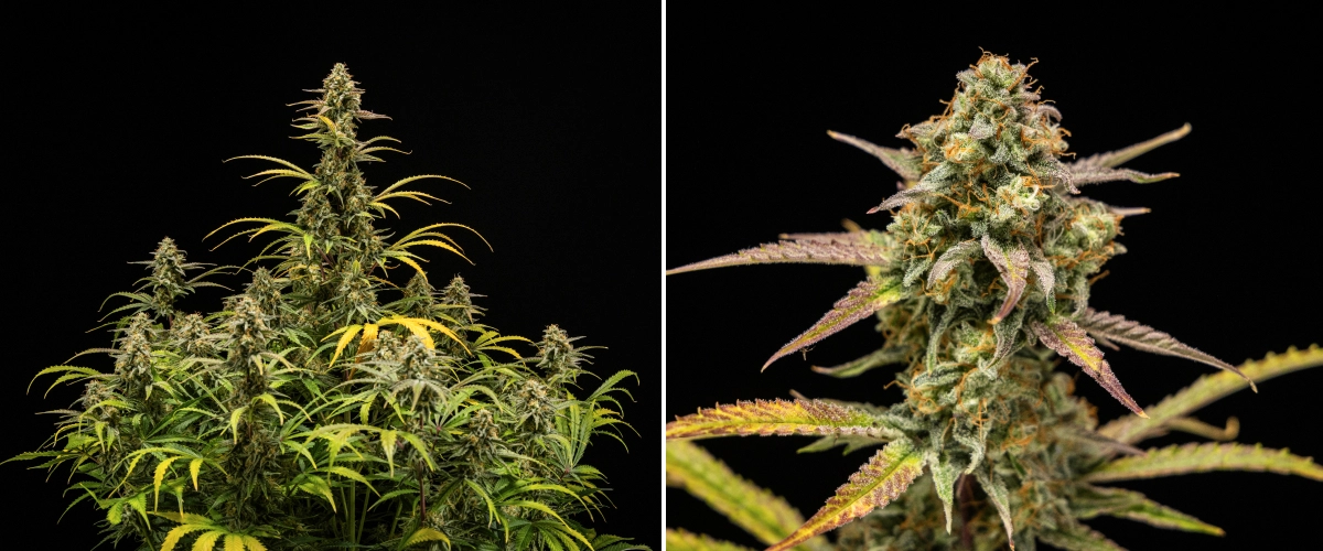Hyperion F1 cannabis plants at harvest, showing mature resinous colas, frosty trichome coverage, orange pistils, fading yellow and purple leaves, and dense flowering growth against a black background.