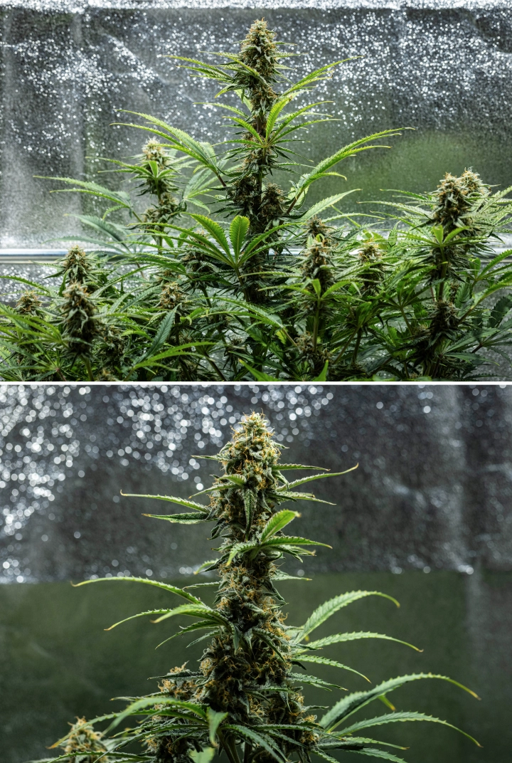 Hyperion F1 cannabis plant during week 9 of the grow report, showing mature flowering colas, resinous buds, orange pistils, fading leaves, and final ripening inside a grow tent.