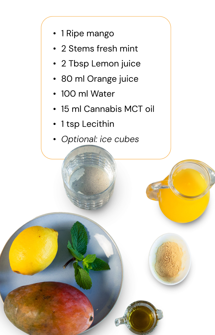 Ingredients for a cannabis smoothie with mango, lemon, mint, orange juice, water, cannabis MCT oil, and lecithin laid out on a white background.