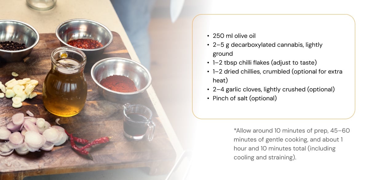 Cannabis-Infused Chilli Olive Oil – Ingredients and Preparation Time Ingredients for cannabis-infused chilli olive oil including olive oil, decarboxylated cannabis, chilli flakes, dried chillies, garlic, and salt arranged on a wooden board