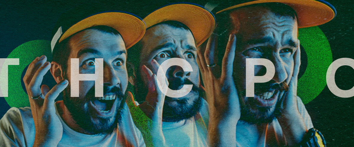 Dynamic image of three expressive men with shocked faces wearing yellow hats, overlaid with 