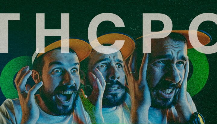 Dynamic image of three expressive men with shocked faces wearing yellow hats, overlaid with 