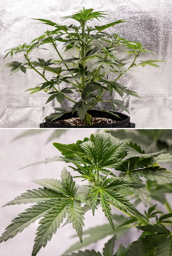 Royal Creamatic Grow Report: Week 4 Early Flowering Royal Creamatic cannabis plant in week 4, showing early flowering, healthy green foliage, fresh pistils, and strong branch development.