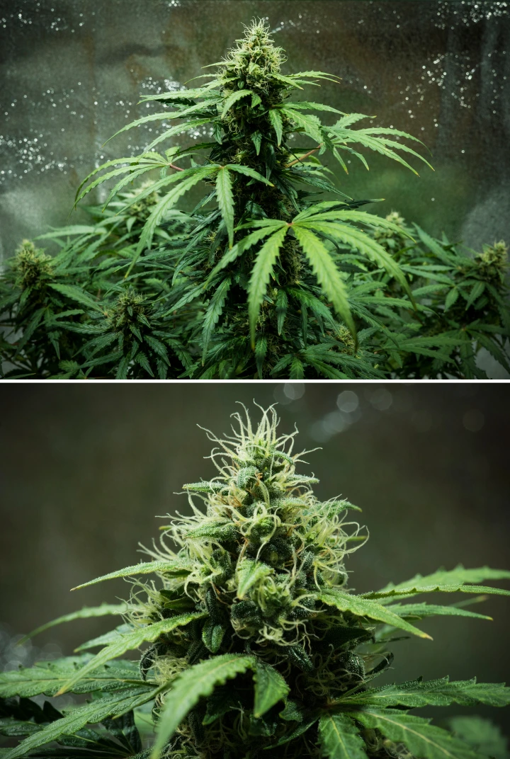 Royal Dwarf cannabis plant in week 7, showing dense sticky buds, white pistils, resinous flowers, and healthy green foliage.