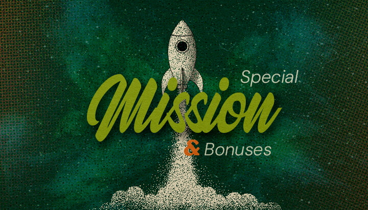 Special Missions and Bonuses Announcement An illustration of a rocket launching into space with the text