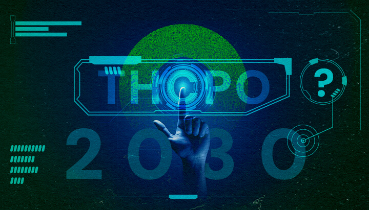 Futuristic image of a hand pressing a holographic 