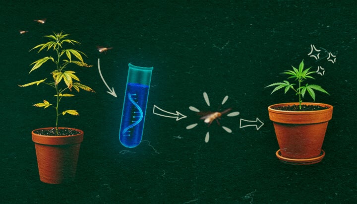 Cannabis plants with test tube and whiteflies on green background, depicting CCYV transmission process.