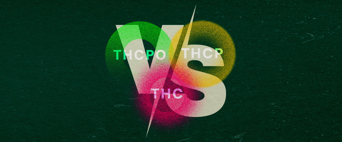 Colorful graphic comparing THCPO, THCP, and THC with bold text and vibrant green, pink, and yellow hues on a dark green background, perfect for cannabis comparison articles.