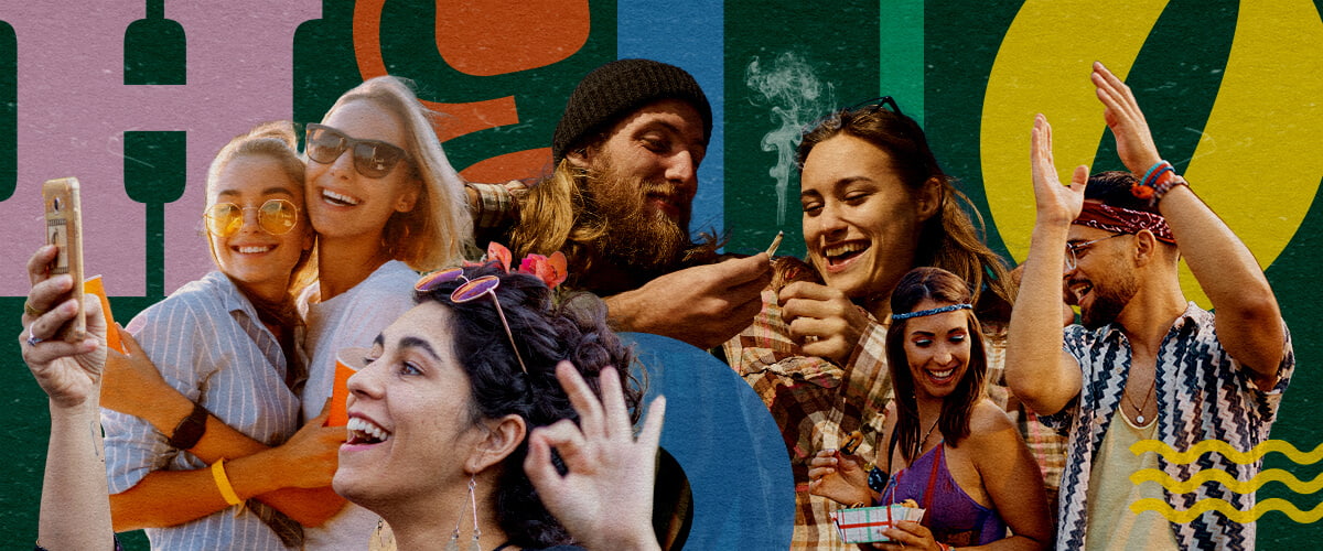 Vibrant Marijuana-Friendly Music Festival Scene Group of friends at a marijuana-friendly music festival, smiling, taking selfies, dancing, and sharing a joint, with a colorful background of green, yellow, and blue geometric shapes, capturing the lively festival atmosphere.