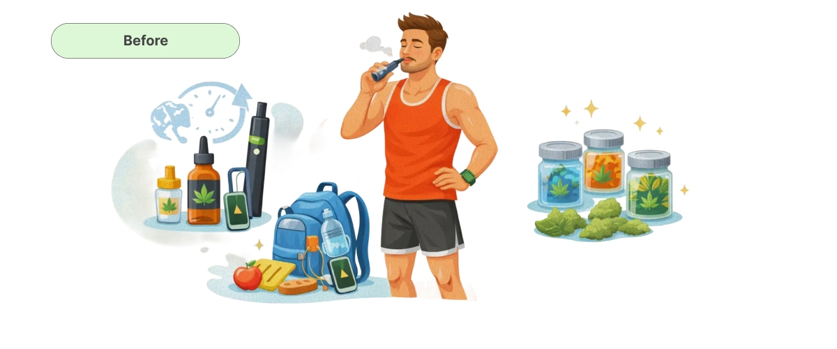 Illustration of a runner preparing to use cannabis before a training session, showing vape, oils, flower, and running gear