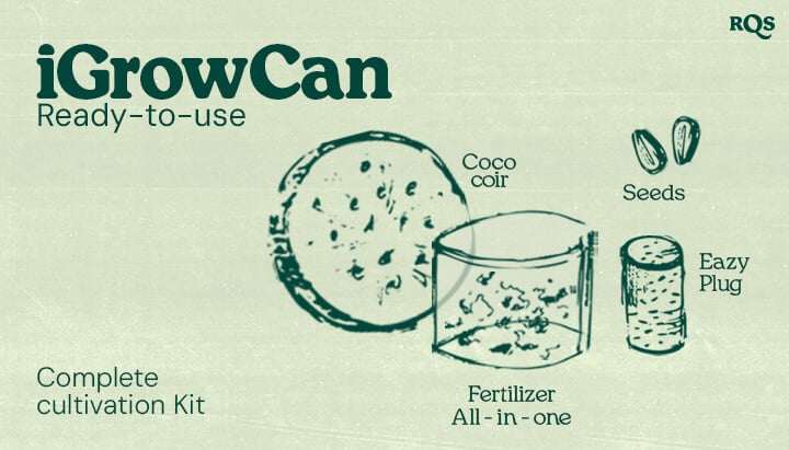 iGrowCan: Ready-to-Use Cannabis Growing Kit Image of the iGrowCan cultivation kit, including coco coir, seeds, all-in-one fertilizer, and Eazy Plug. A complete solution for easy home cannabis growing.
