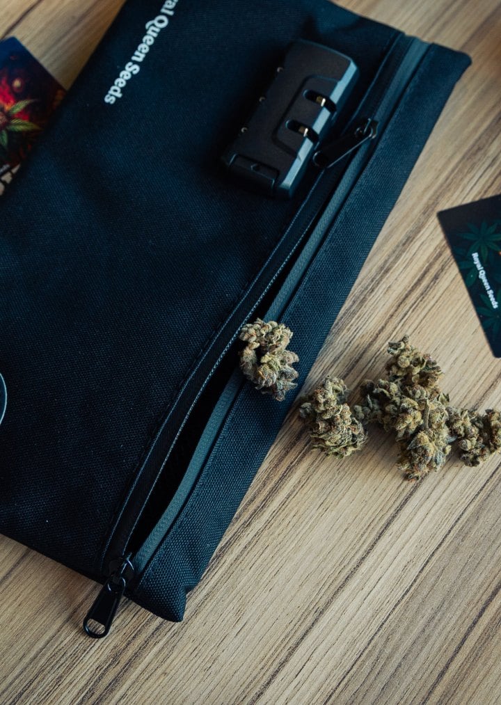 Discreet Stash Bag for Cannabis Storage Image of a lockable stash bag with cannabis buds on a wooden surface.