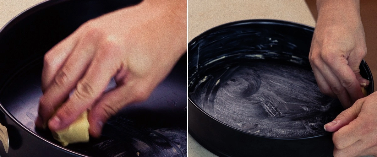 Step 1: Grease the Pan for Cannabis Space Cake Greasing a springform cake pan with butter, first step for baking a homemade cannabis space cake
