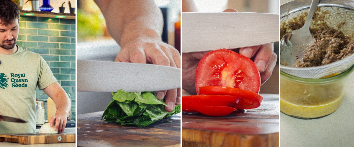 Preparing burger ingredients by slicing tomato, chopping lettuce, shaping minced meat, and warming an infused bun, first step for making a cannabis burger