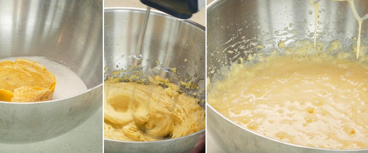 Step 2: Mix the Space Cake Batter with Butter, Eggs, and Cocoa Mixing chocolate cake batter with butter, sugar, eggs, cocoa powder, and milk, second step for baking a cannabis space cake