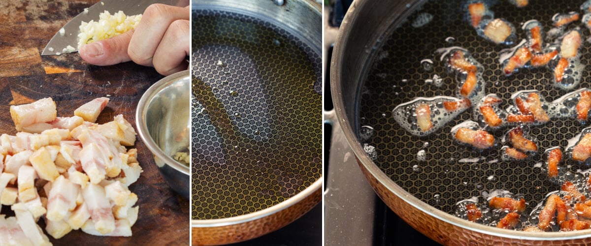 Diced pancetta frying in a pan with infused butter or olive oil, second step for making cannabis-infused carbonara