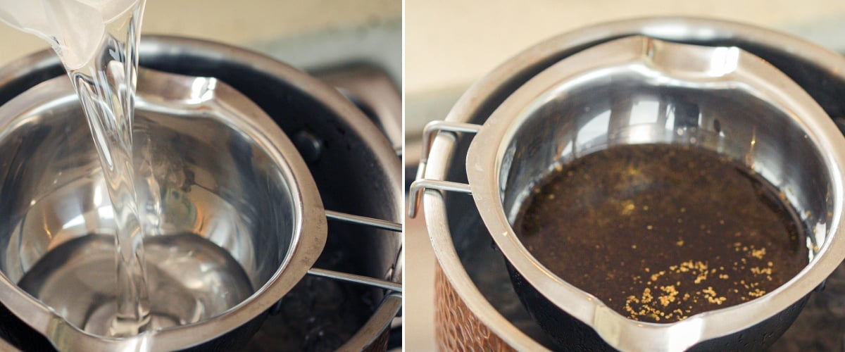 Infusing decarboxylated cannabis into MCT oil using a double boiler method to gently extract cannabinoids