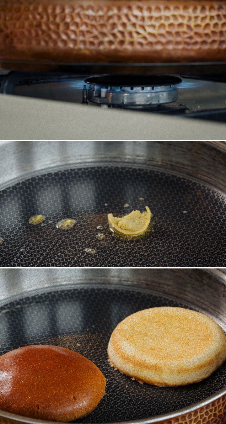 Infusing burger buns by toasting them in cannabis butter in a pan, second step for making a cannabis burger