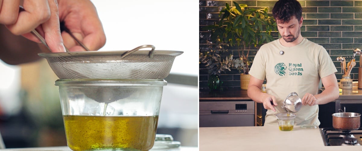 Straining infused cannabis MCT oil through a fine mesh sieve into a glass jar, final step of the oil infusion process