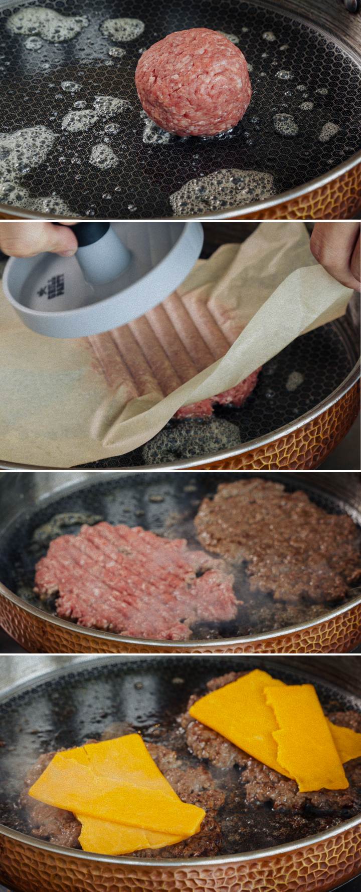 Cooking a burger patty in a pan, melting cheddar cheese on top, and assembling the burger with lettuce and tomato, third step for making a cannabis burger