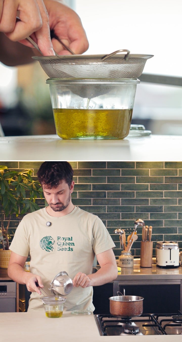 Straining infused cannabis MCT oil through a fine mesh sieve into a glass jar, final step of the oil infusion process