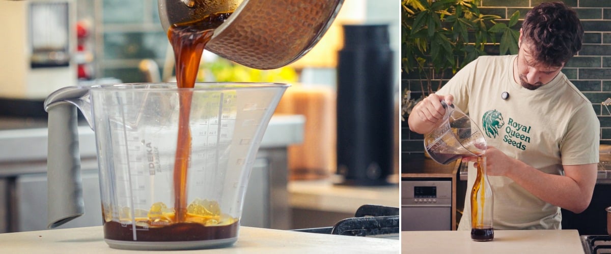 Step 3: Strain and Bottle the Cannabis-Infused Chilli Oil Straining cannabis-infused chilli oil through a sieve and pouring it into a glass bottle for storage