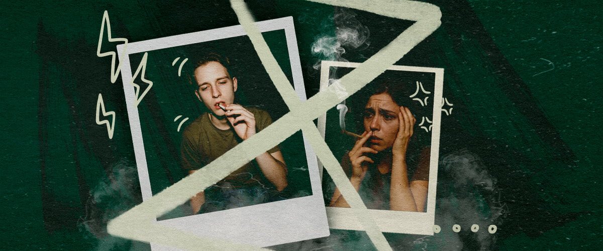 Anxiety or Paranoia After a Cannabis Tolerance Break Two people smoking cannabis, one looking relaxed, the other anxious, illustrating potential anxiety or paranoia after a tolerance break.