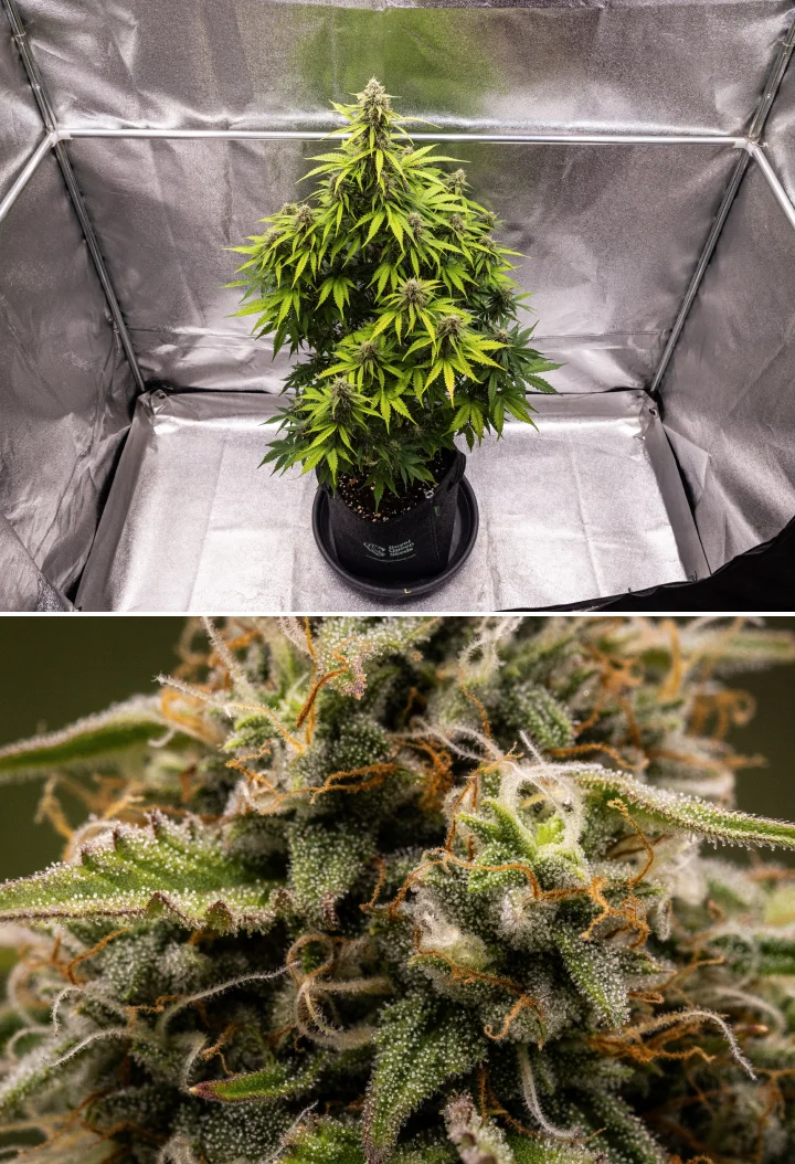 Atlas F1 Grow Report: Week 8 Harvest-Ready Buds Atlas F1 cannabis plant growing in a fabric pot during week 8 of the grow report, showing frosty mature buds, dense trichome coverage, orange pistils, and harvest-ready flowering growth.