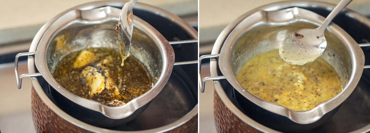 Gently Simmering Cannabutter in a Double Boiler Cannabutter mixture gently simmering in a double boiler, with a spoon stirring the infused butter to maintain even heat and prevent overheating