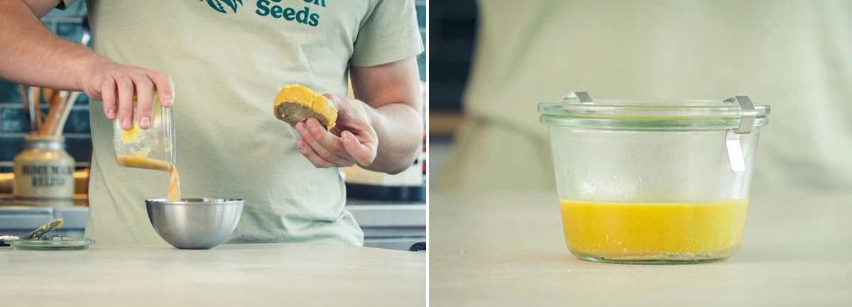 Straining Cannabutter and Refrigerating the Finished Butter Straining cannabutter into a clean bowl and transferring the clarified butter to a container for refrigeration after removing the plant material