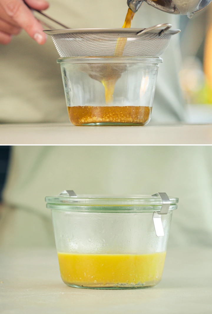Straining cannabutter into a clean bowl and transferring the clarified butter to a container for refrigeration after removing the plant material