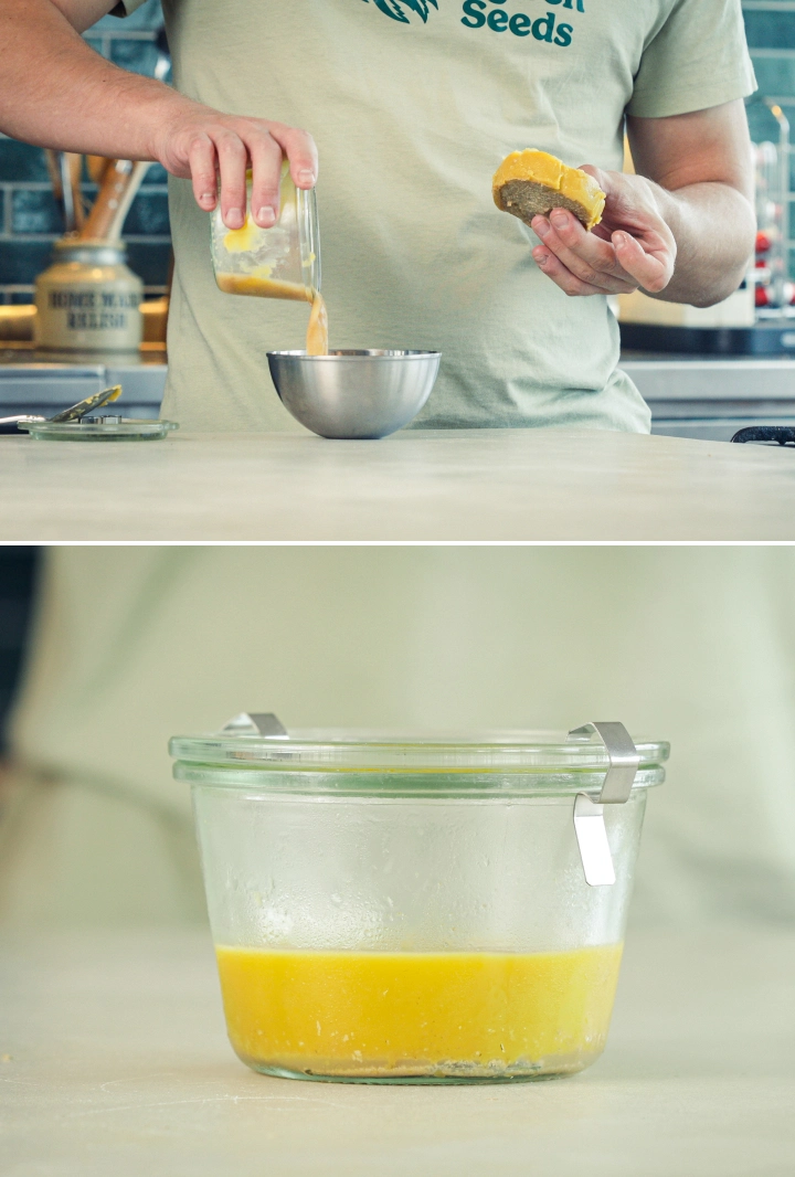Straining Cannabutter and Refrigerating the Finished Butter Straining cannabutter into a clean bowl and transferring the clarified butter to a container for refrigeration after removing the plant material