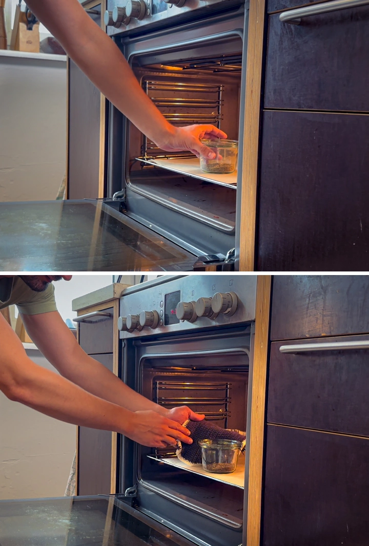 Cannabis Decarboxylation in the Oven for Edibles Cannabis decarboxylation process showing a glass jar with cannabis being placed in an oven, with hands carefully handling the jar and lid before heating