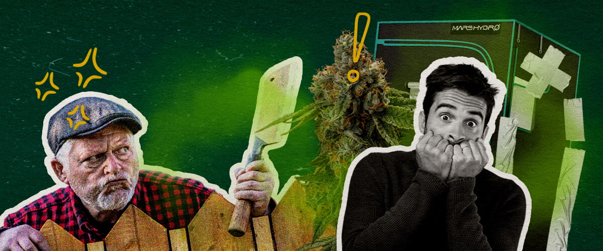 Common Mistakes That Make Your Grow Tent Smell Cannabis An illustration of cannabis buds with a grow tent, an angry man with an axe, and a shocked man, set against a green background, highlighting common mistakes that cause grow tent odor.