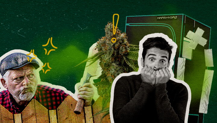 Common Mistakes That Make Your Grow Tent Smell Cannabis An illustration of cannabis buds with a grow tent, an angry man with an axe, and a shocked man, set against a green background, highlighting common mistakes that cause grow tent odor.