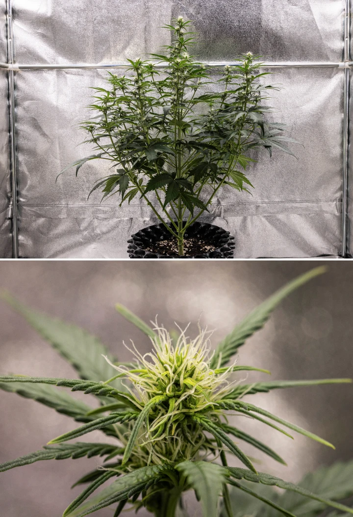 Cosmos F1 cannabis plant during week 2 of flowering, showing early bud formation, healthy green foliage, vertical branch structure, and developing white pistils between sprout days 33 and 40.